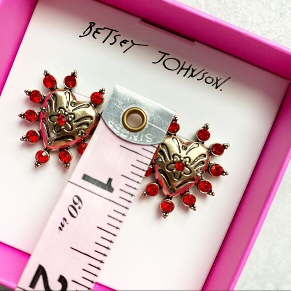 Betsey Johnson Gold Heart Red Stones Earrings - Picture 6 of 8
